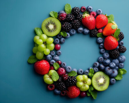 Fresh fruit wreath with strawberries, blueberries, blackberries, kiwi, grapes, and mint leaves arranged in circular pattern on blue background, creating vibrant and healthy display