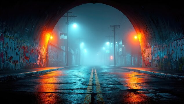 Foggy urban tunnel at night