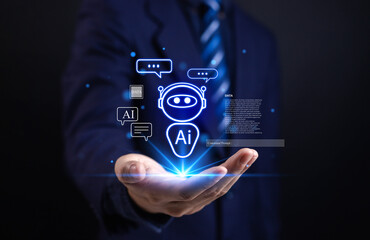 Futuristic concept of artificial intelligence and chatbot technology, business communication with AI assistant, innovation in digital transformation and data solutions for modern enterprises.