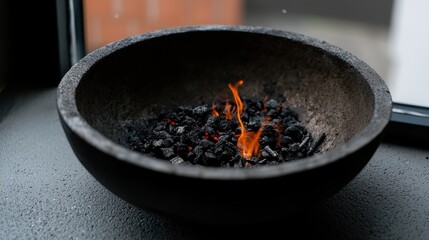 A black bowl filled with glowing embers.
