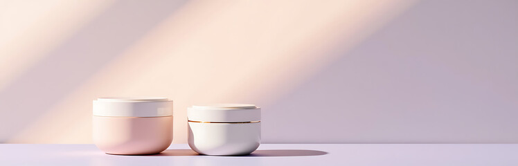 trio delicate cosmetic containers sits atop soft background infused gentle warmth diffused morning light