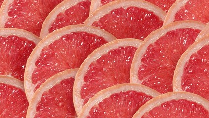 Close - up of multiple vibrant red grapefruit slices arranged closely, showing juicy pulp and textured rind.