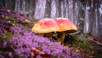 Fototapeta premium fantasy forest with giant colorful mushrooms, glowing fireflies, and soft pastel ligh