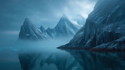 Majestic icy mountains reflected in serene waters.