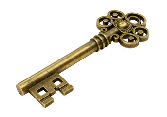 Isolated Ornate Antique Brass Skeleton Key