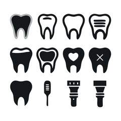 Collection of dental icons featuring healthy and damaged teeth dental tools and symbols for dentistry branding white background