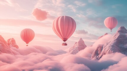Obraz premium Soft pink hot air balloons drift serenely above a majestic, snow-capped mountain range partially obscured by a sea of pastel clouds at sunrise/sunset