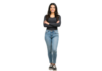 Young woman in jeans smiling with arms crossed isolated on transparent background