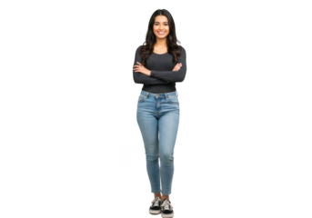 Young woman in jeans smiling with arms crossed isolated on transparent background