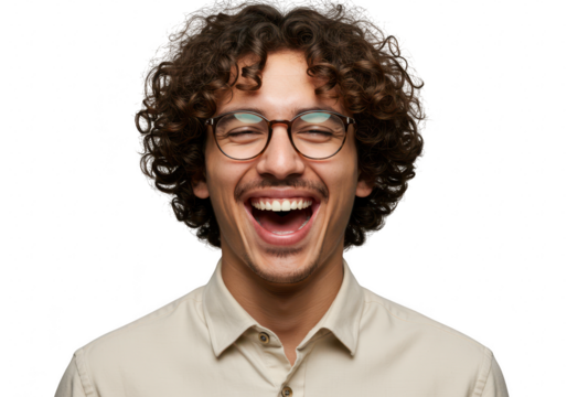 Young man with curly hair and glasses laughing isolated on transparent background