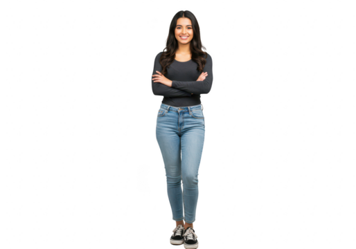 Young woman in jeans smiling with arms crossed isolated on transparent background