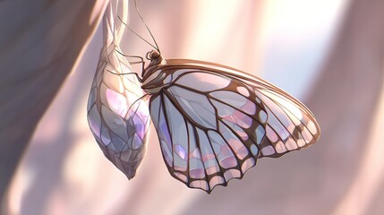 Butterfly and chrysalis illustration with detailed wings and soft colors