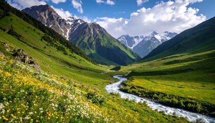 Obraz premium Mountain Valley River Landscape, Sunny Day (2)