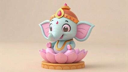 Adorable little cartoon Ganesha sitting on a pink lotus flower pedestal wearing golden jewelry a joyous celebration of Hindu culture and spirituality