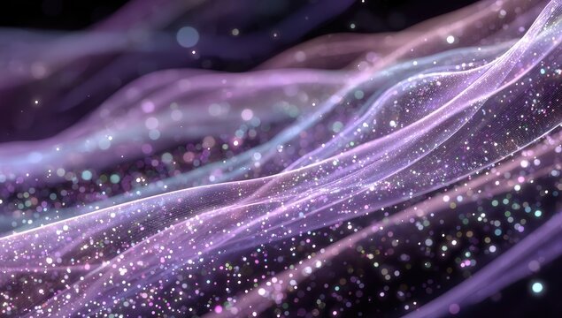 Abstract swirling ribbons of iridescent light, dotted with sparkling particles