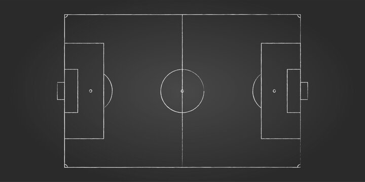 Top view of football field with white markings on dark background. Minimal realistic soccer pitch layout for match, strategy, coaching or championship. Ideal for sport tactics design.