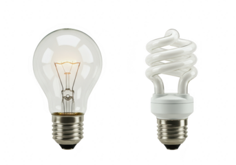 Incandescent and energy saving light bulbs isolated on transparent background
