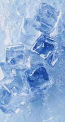 Cool close-up of ice cubes, abstract blue, water. Refreshing, cold, chilled image