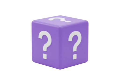 Isolated 3D Purple Mystery Box with Question Marks Icon