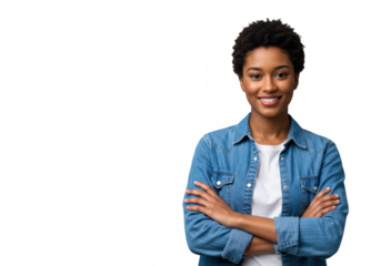 Young african american woman with short curly hair smiling, arms crossed, isolated on transparent background