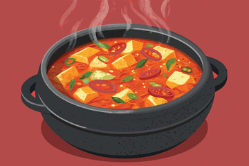 Savor the fiery depths of bubbling Korean kimchi jjigae, a comforting stew simmered in a rustic stone pot, showcasing vibrant ingredients and steamy goodness.