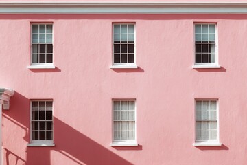 Fototapeta premium A building facade with six windows, painted pink, featuring white window frames and shadows cast by sunlight.
