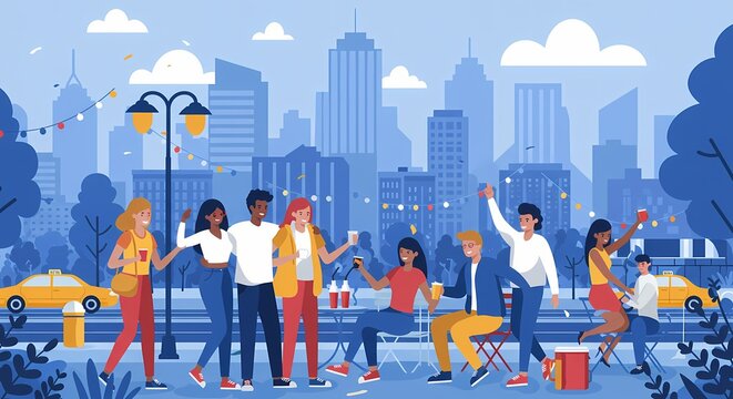 A vibrant illustration of a diverse group of friends socializing and celebrating outdoors in a city park with a modern skyline.