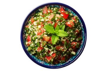 Freshly prepared tabbouleh salad with bulgur, parsley, tomato, mint, and cucumber in bowl isolated on white transparent background, concept of healthy eating