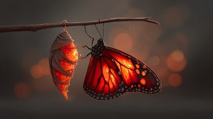 Butterfly emerging from chrysalis with red wings on branch