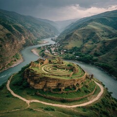 Ancient spiral hill, river valley, mountains