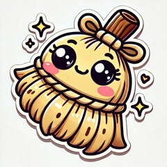 Obraz premium Cartoon broom with smiling face and big eyes. Vector sticker with white border isolated on transparent background. Halloween celebration. 