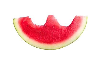 A juicy red watermelon slice with visible bite marks, isolated on a transparent background. Ideal for fresh fruit concepts, summer visuals, or food-related creative projects