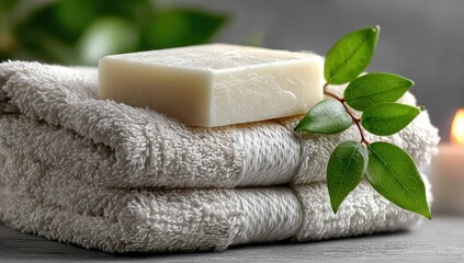 Soft, white soap on folded towels, with leaves