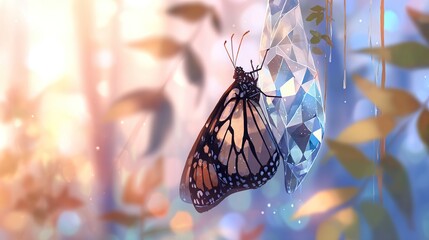 Butterfly on crystal in a fantasy environment illustration