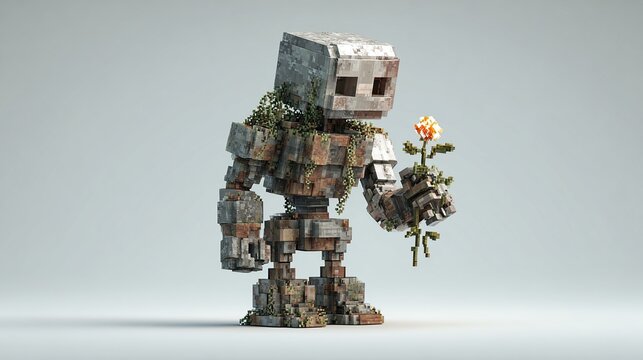 Rusty pixelated robot holds a flower - Powered by Adobe