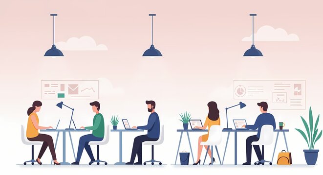 People working on laptops in a modern, open-plan office environment with desks, lamps, and plants.