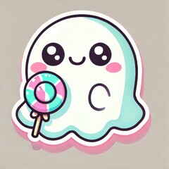 Obraz premium Cute cartoon ghost holding colorful lollipop. Vector sticker with white border isolated on transparent background. Halloween celebration.