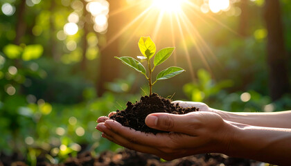 Fototapeta premium New life: Hands holding a sprouting plant in the forest, symbolising growth and renewal,A person carrying a sprout with soil and a light shining in the background