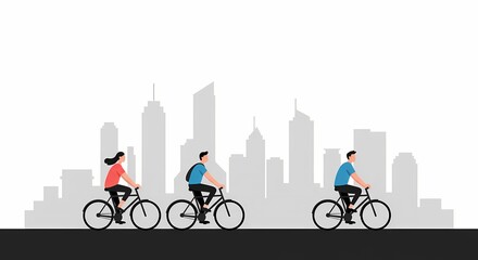 Three people riding bicycles in an urban setting with a city skyline in the background, depicting a healthy and active lifestyle.