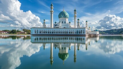 Naklejka premium A Beautiful View Of Masjid Tengku Tengah Zaharah Or Locally Known As Masjid Terapung,