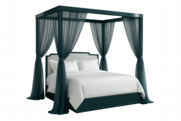 Elegant canopy bed with teal curtains adding a touch of luxury to any bedroom, isolated on transparent background