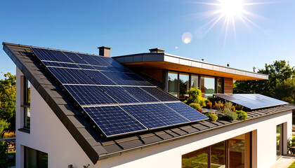 Modern house with solar panels on the roof, sustainable energy house with green roof vegetation , Eco-friendly home with solar panels and a beautiful green roof