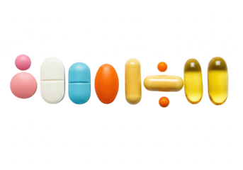 Various pills and capsules isolated on transparent background