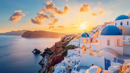 Europe summer destination. Traveling tourism, sunset scenic famous landscape of Santorini island, Oia, Greece