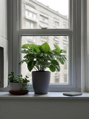 Potted plants decorate the windowsill.