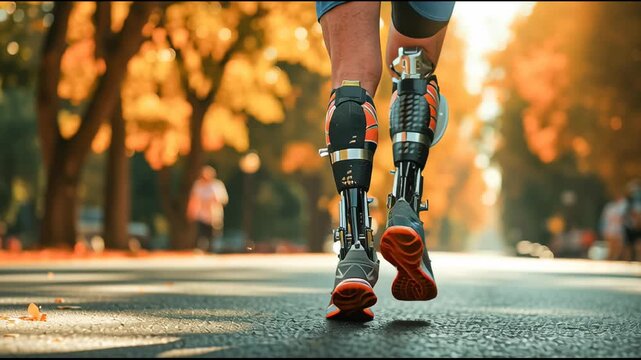 Bionic runner with advanced biomechanical legs participating in marathon under autumn trees, symbolizing confidence and mobility