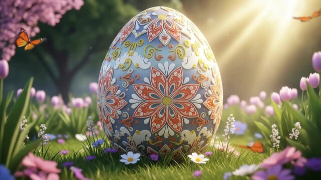 Decorated easter egg resting in a sunny spring meadow with blooming flowers and fluttering butterflies animation