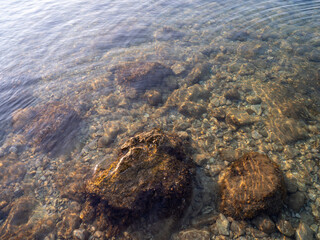 Limestone rock under clear Adriatic Sea water at Biograd na Moru, Croatia, with golden sunrise light creating reflections and gentle ripples.