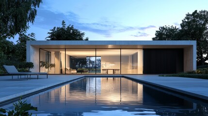Fototapeta premium House Pool Villa Minimalist style design with a material concrete.The front is clear glass. The side is a black sliding door.