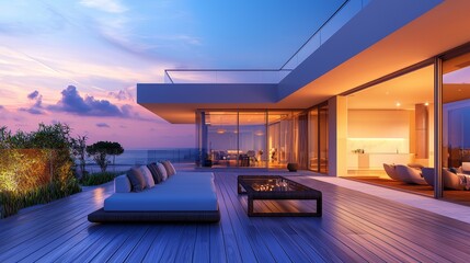 Modern luxury penthouse apartment with outdoor deck at sunset